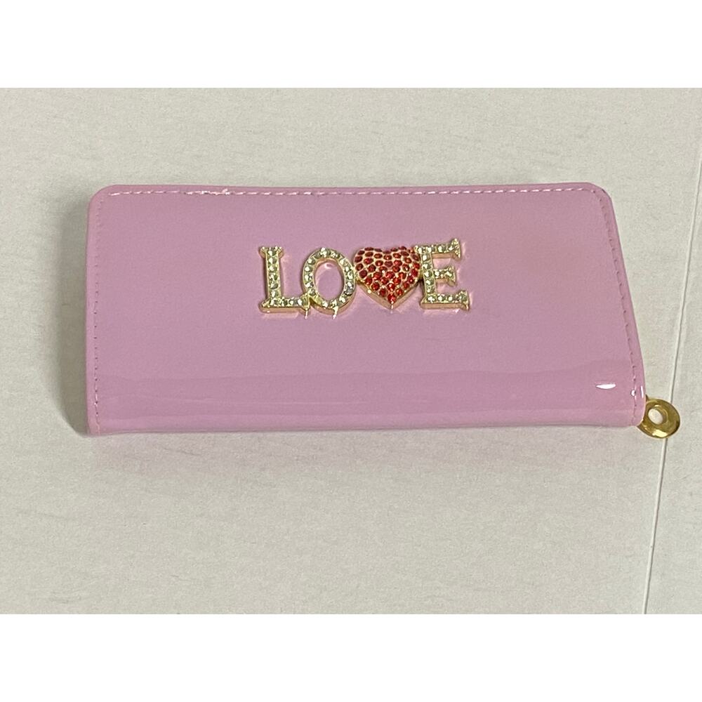 Pink LOVE Rhinestone Zip Around Wallet Womens Patent Wallet Pre Owned